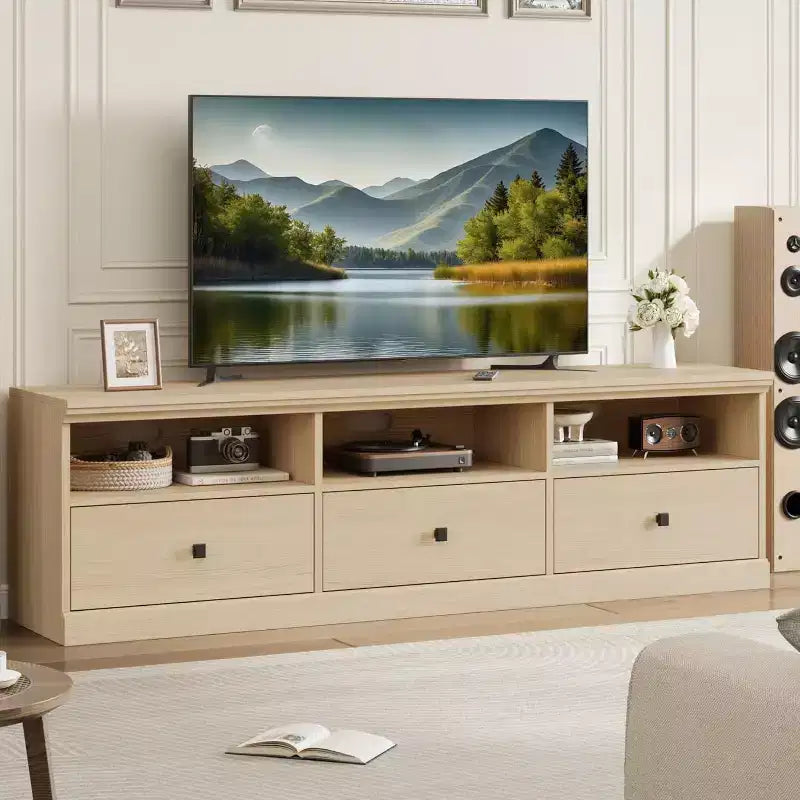 Mobile TV Mid-Century nero/grigio/legno con 3 cassetti, per 1 TV fino a 75"