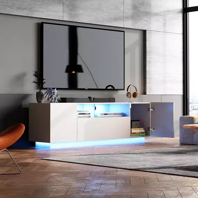 Supporto TV 58" Bianco/Nero con Luci LED e Ripostiglio, Adatto per TV fino a 65", Montaggio per 1 Persona