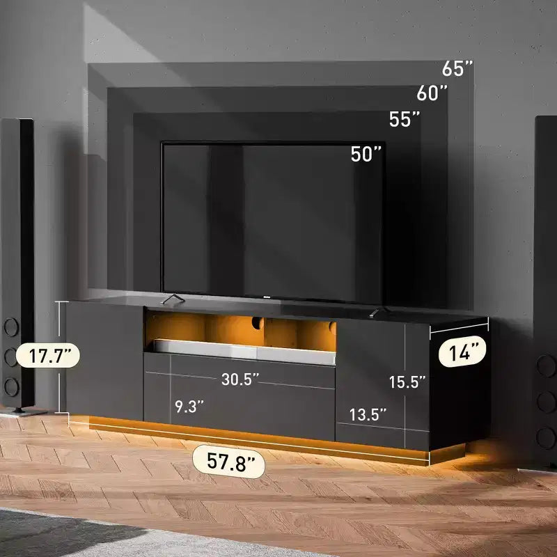 Supporto TV 58" Bianco/Nero con Luci LED e Ripostiglio, Adatto per TV fino a 65", Montaggio per 1 Persona