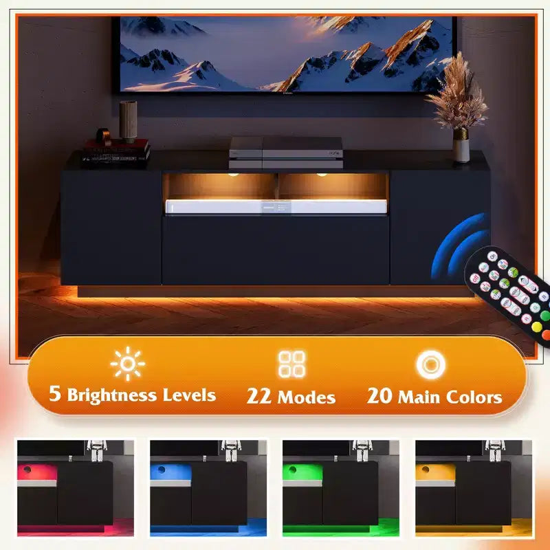 Supporto TV 58" Bianco/Nero con Luci LED e Ripostiglio, Adatto per TV fino a 65", Montaggio per 1 Persona