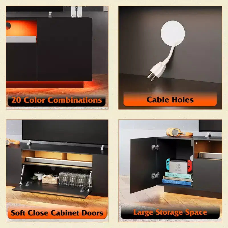 Supporto TV 58" Bianco/Nero con Luci LED e Ripostiglio, Adatto per TV fino a 65", Montaggio per 1 Persona