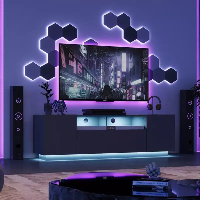 Supporto TV 58" Bianco/Nero con Luci LED e Ripostiglio, Adatto per TV fino a 65", Montaggio per 1 Persona