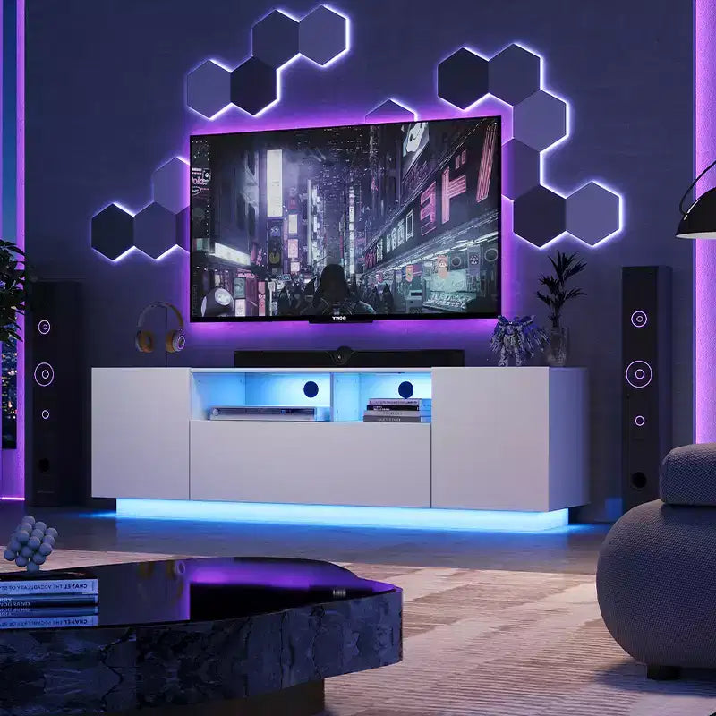 Supporto TV 58" Bianco/Nero con Luci LED e Ripostiglio, Adatto per TV fino a 65", Montaggio per 1 Persona