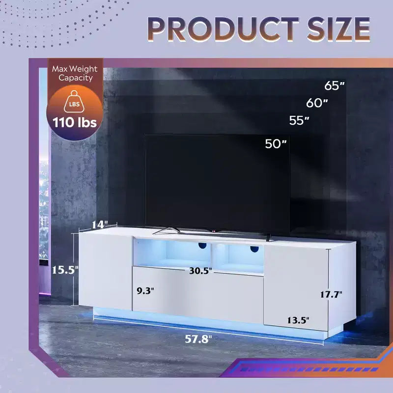 Supporto TV 58" Bianco/Nero con Luci LED e Ripostiglio, Adatto per TV fino a 65", Montaggio per 1 Persona