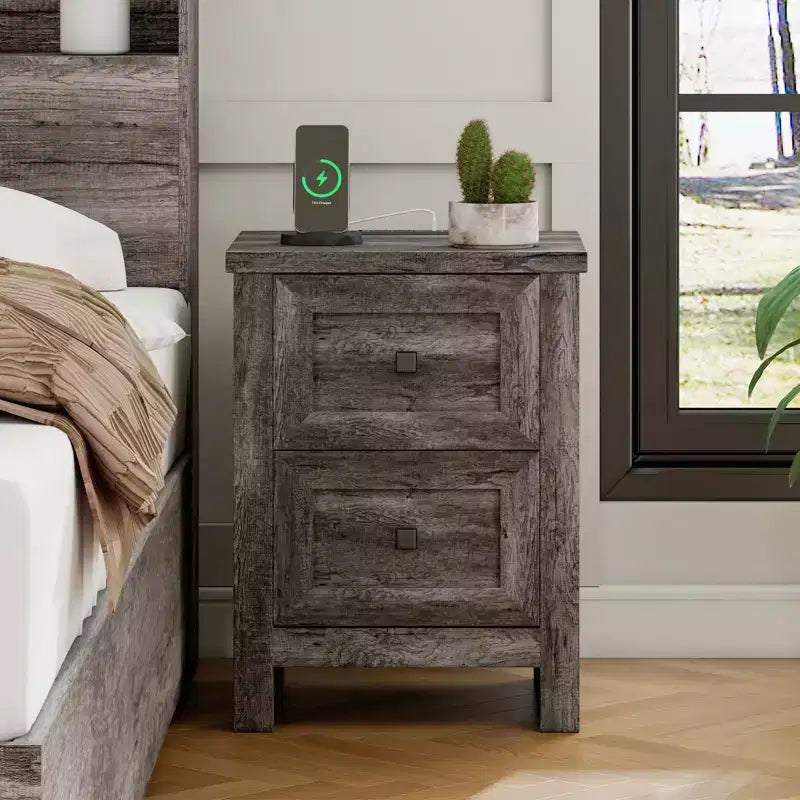 Comodini da fattoria set da 2 Neri/Marrone/Grigi/Bianchi con stazione di ricarica, montaggio per 2 persone