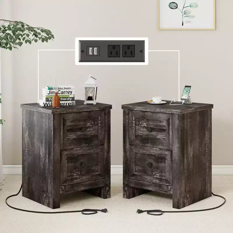 AMERLIFE Nightstand Set of 2 with Charging Station