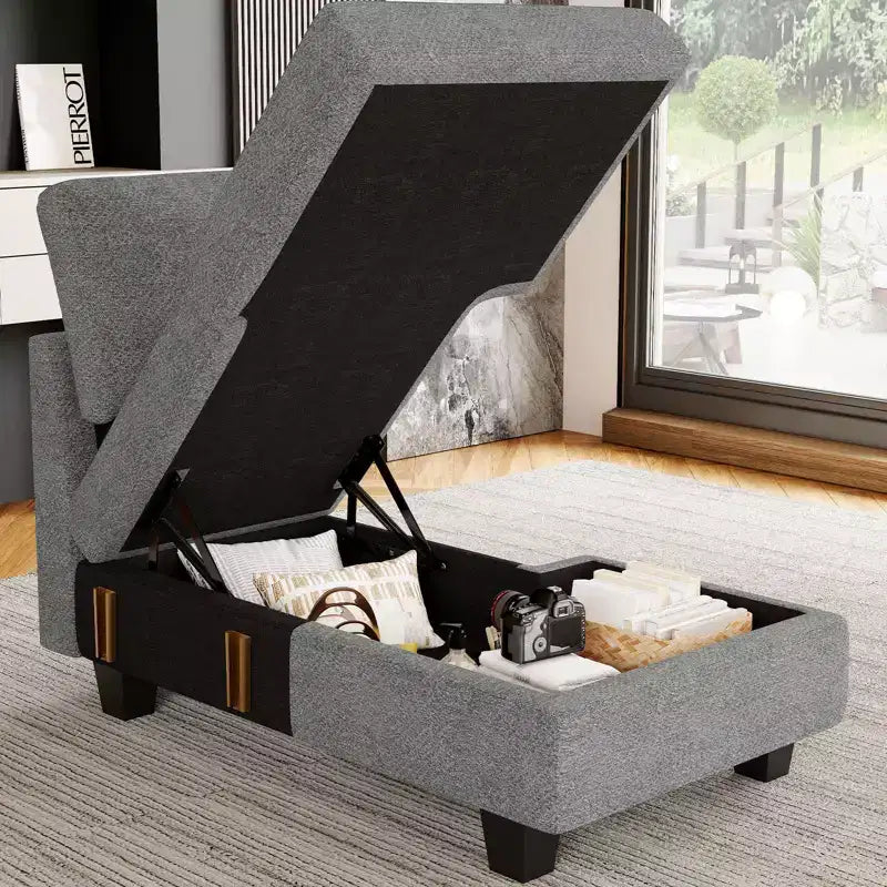 Modulo Chaise Longue Contenitore, Orientamento Destro, Nero / Grigio / Bianco, in ciniglia, 1 posto