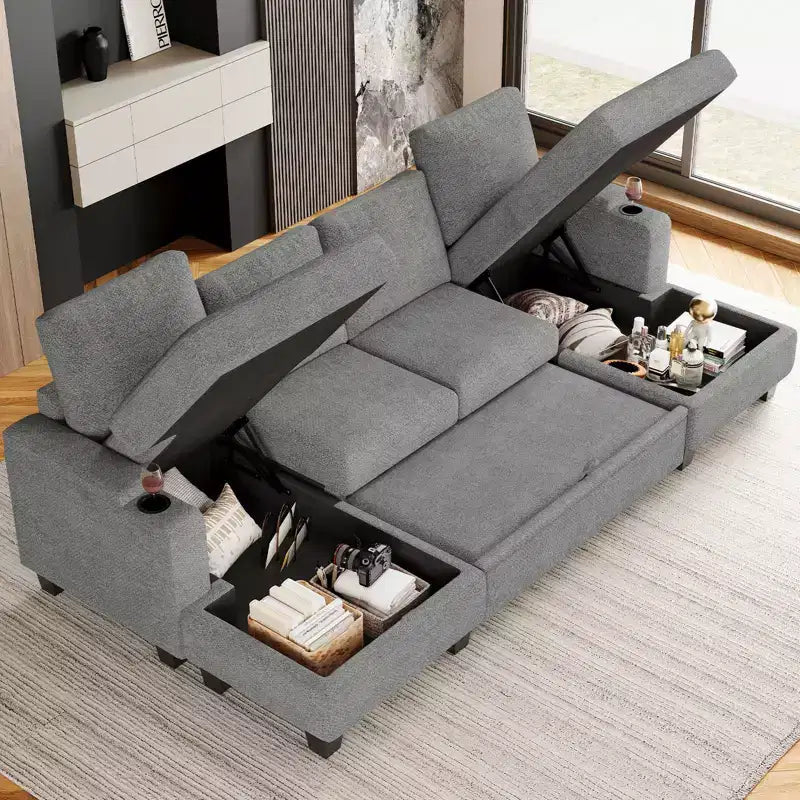 Modulo Chaise Longue Contenitore, Orientamento Destro, Nero / Grigio / Bianco, in ciniglia, 1 posto