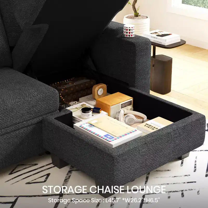 Modulo Chaise Longue Contenitore, Orientamento Destro, Nero / Grigio / Bianco, in ciniglia, 1 posto