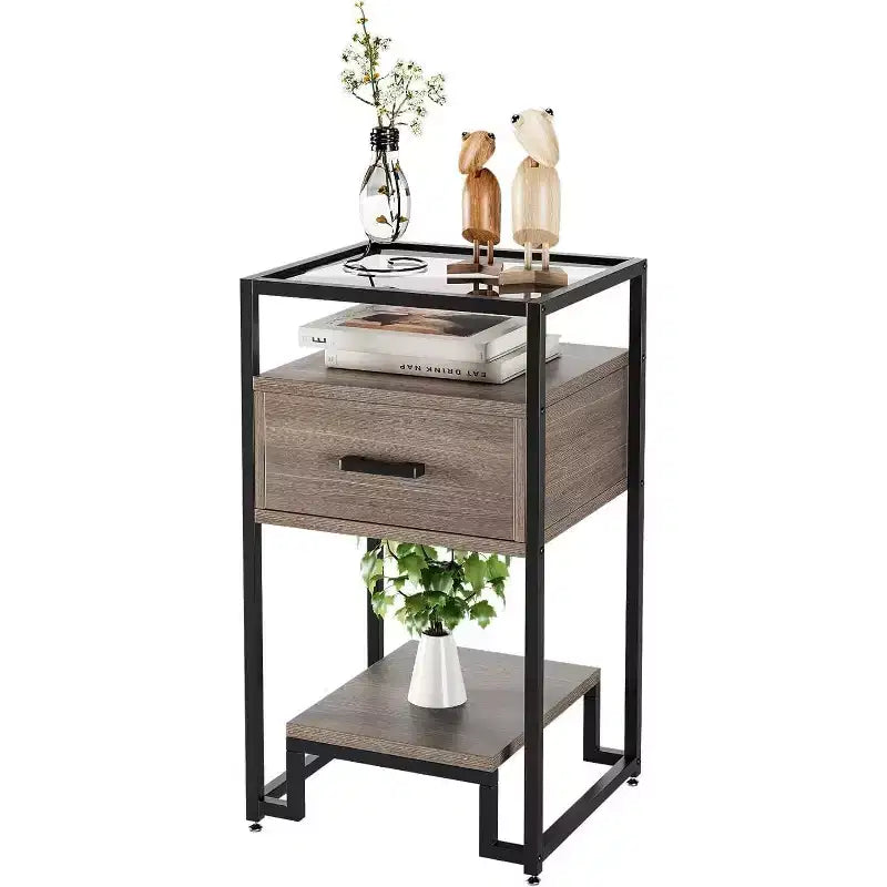 Acekool Nightstand with Storage Drawer, 3-Tier Shelves & Tempered Glass Top, Steel Frame End Table for Bedroom or Dorm, Easy Assembly