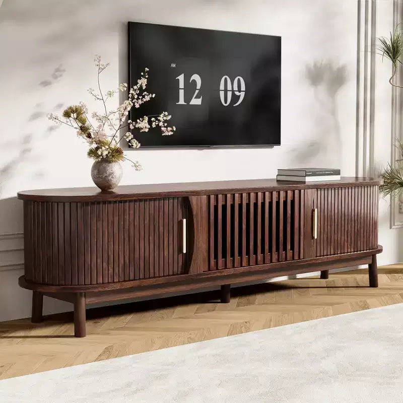 Modern Farmhouse TV Stand for 75 TVs, Entertainment Center with Sliding Doors, Cabinet & Solid Wood Legs, Dark Brown Textured Woodgrain - HABITRIO