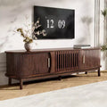Modern Farmhouse TV Stand for 75 TVs, Entertainment Center with Sliding Doors, Cabinet & Solid Wood Legs, Dark Brown Textured Woodgrain - HABITRIO