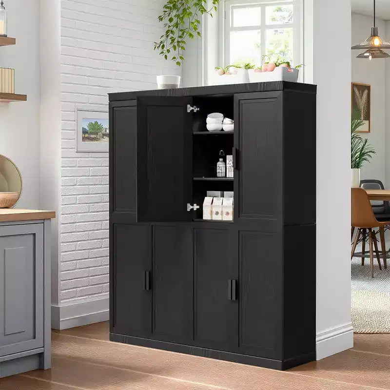 72x62x16 Wood Accent Cabinet in Black, Storage Organizer with Adjustable Shelves for Kitchen Bedroom Entryway Living Room Dinning Room