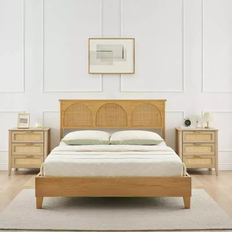 Comodino Beige in Rattan con 3 Cassetti, Gambe in Legno – Set da 2