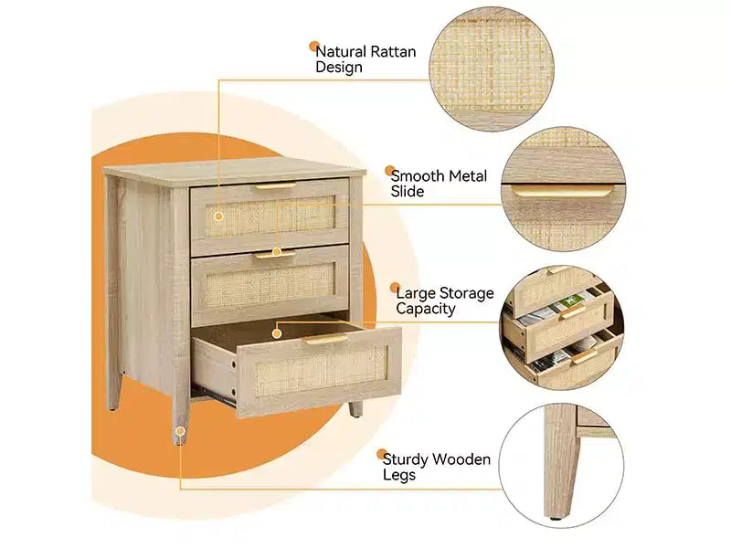 Comodino Beige in Rattan con 3 Cassetti, Gambe in Legno – Set da 2