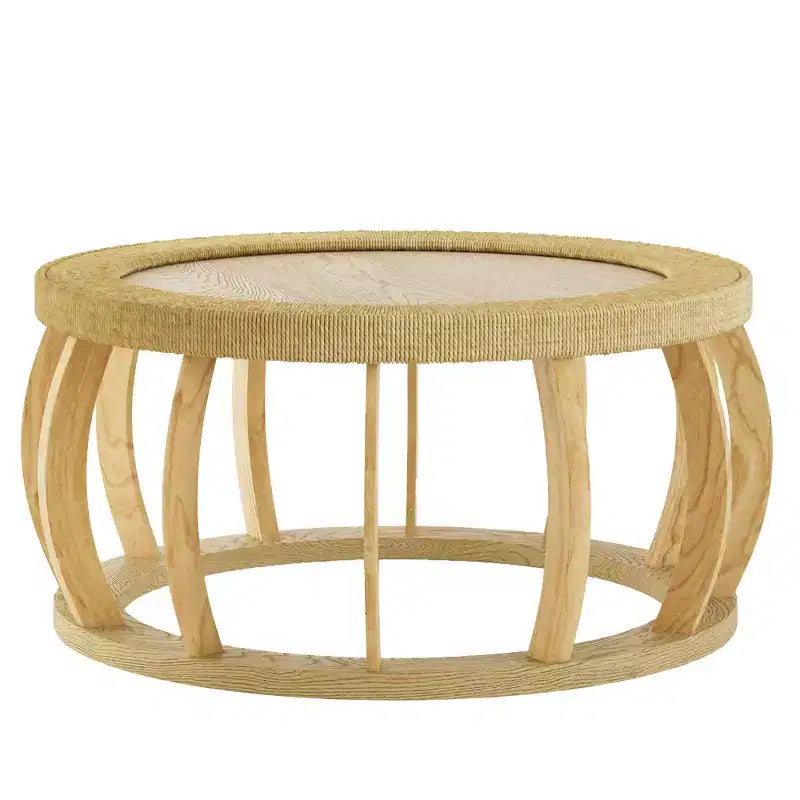 Tavolino rotondo nero/marrone e naturale con gambe curve e piano in rattan, 1 persona