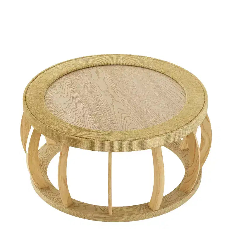 Tavolino rotondo nero/marrone e naturale con gambe curve e piano in rattan, 1 persona