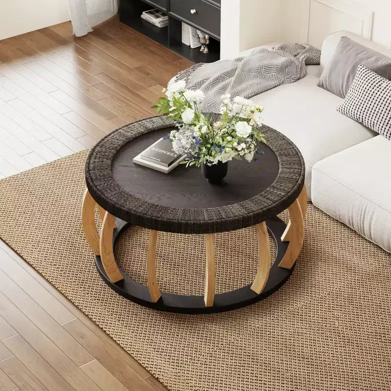 Tavolino rotondo nero/marrone e naturale con gambe curve e piano in rattan, 1 persona