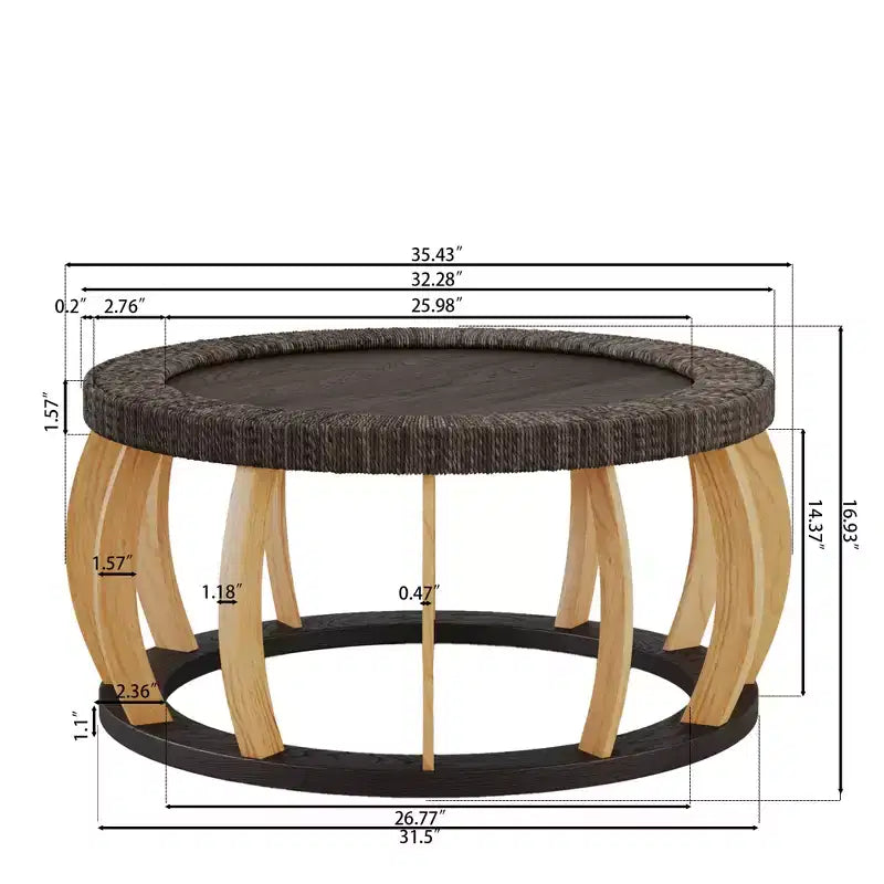 Tavolino rotondo nero/marrone e naturale con gambe curve e piano in rattan, 1 persona