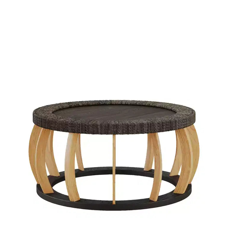 Tavolino rotondo nero/marrone e naturale con gambe curve e piano in rattan, 1 persona
