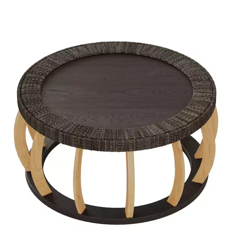 Tavolino rotondo nero/marrone e naturale con gambe curve e piano in rattan, 1 persona