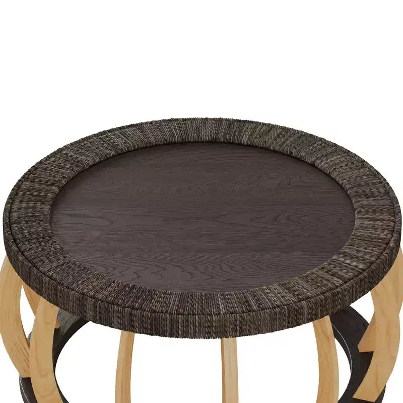 Tavolino rotondo nero/marrone e naturale con gambe curve e piano in rattan, 1 persona