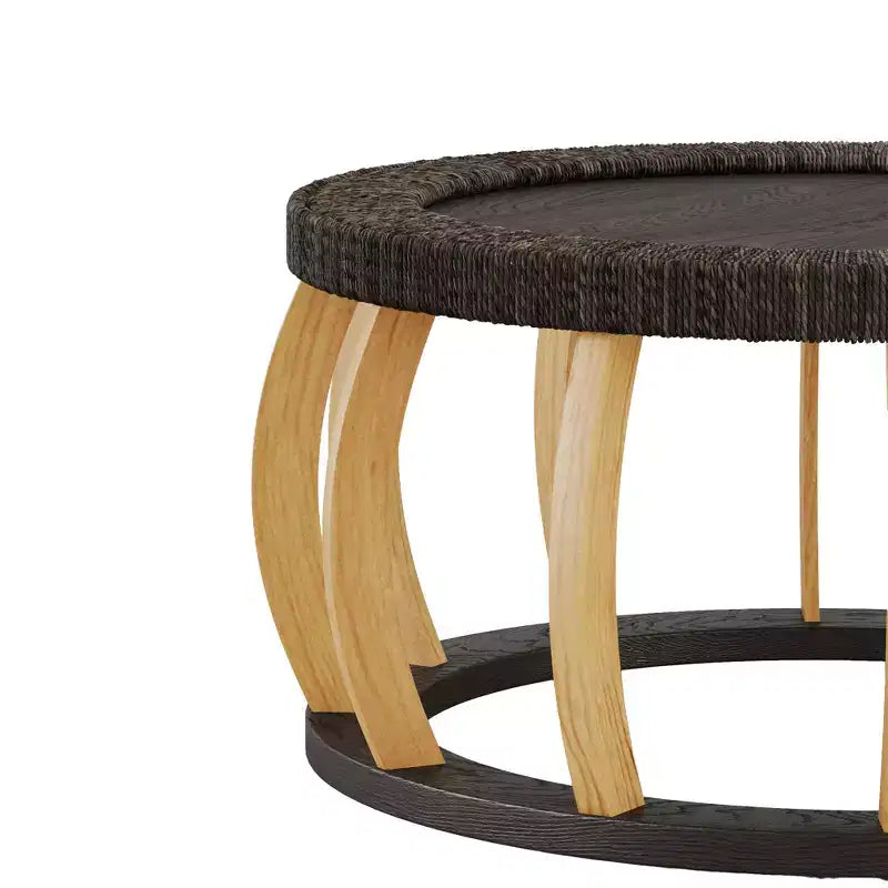 Tavolino rotondo nero/marrone e naturale con gambe curve e piano in rattan, 1 persona