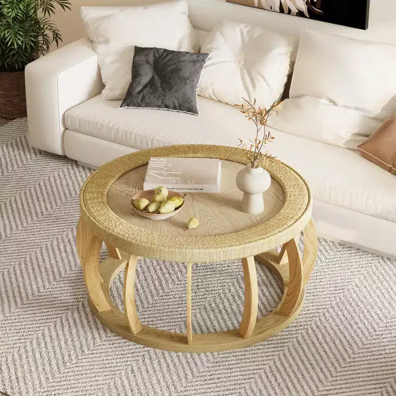 Tavolino rotondo nero/marrone e naturale con gambe curve e piano in rattan, 1 persona