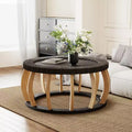 GDFStudio Olumide Bohemian Wooden Round Coffee Table with Curved Legs and Rattan Design