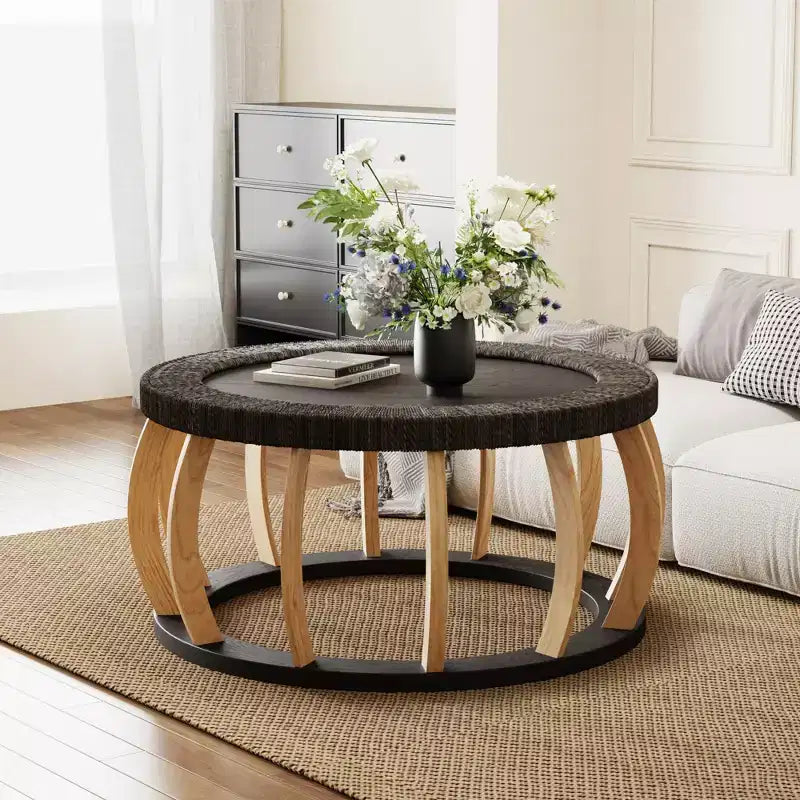 GDFStudio Olumide Bohemian Wooden Round Coffee Table with Curved Legs and Rattan Design