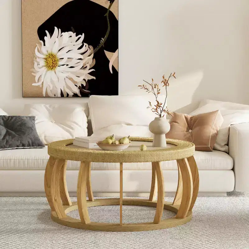 Tavolino rotondo nero/marrone e naturale con gambe curve e piano in rattan, 1 persona