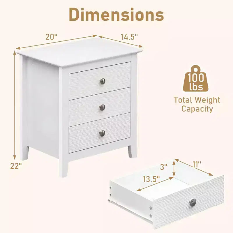 Comodino a 3 cassetti bianco/nero, per 1-2 utenti
