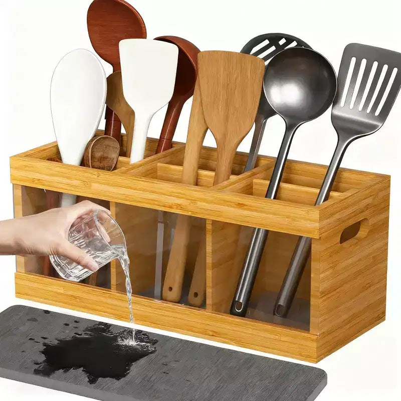 Bamboo Utensil Holder, 6 Compartments & Diatomaceous Earth Drying Mat, Silverware Caddy for Home/Party