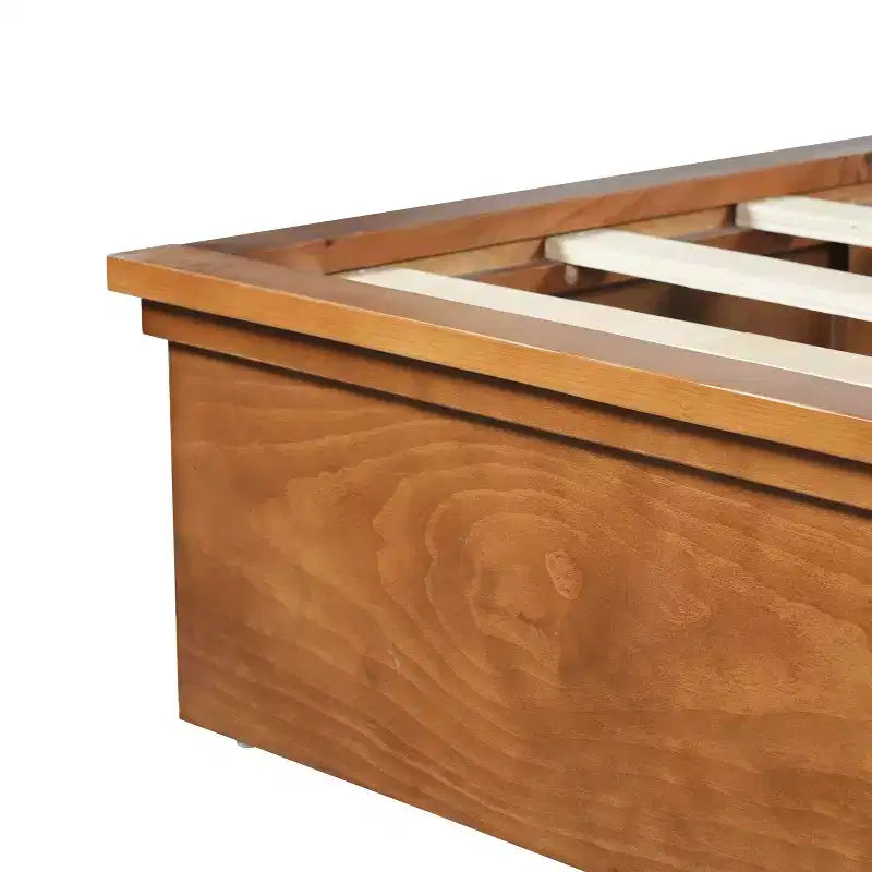 Letto a piattaforma in legno marrone/grigio chiaro e naturale/beige con testiera imbottita e ripiani laterali – Queen/King, 1 persona