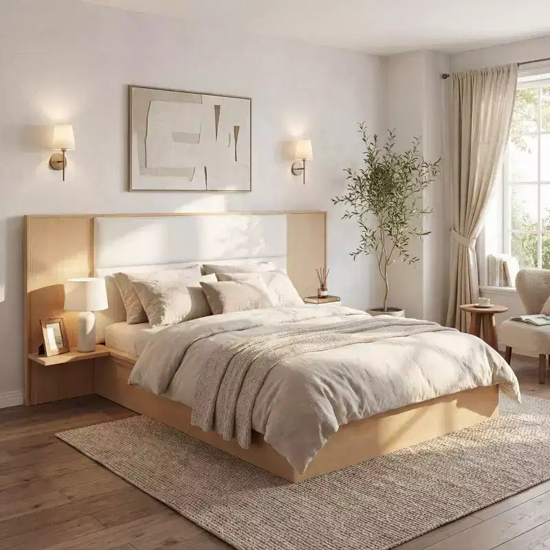 Letto a piattaforma in legno marrone/grigio chiaro e naturale/beige con testiera imbottita e ripiani laterali – Queen/King, 1 persona