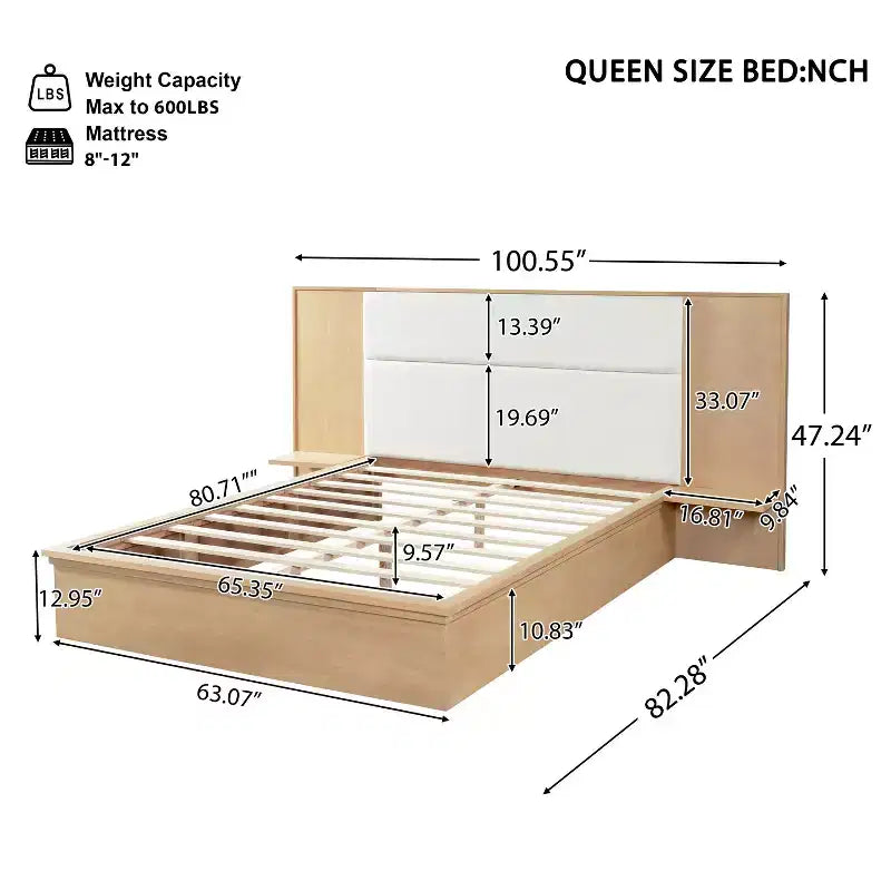 Letto a piattaforma in legno marrone/grigio chiaro e naturale/beige con testiera imbottita e ripiani laterali – Queen/King, 1 persona
