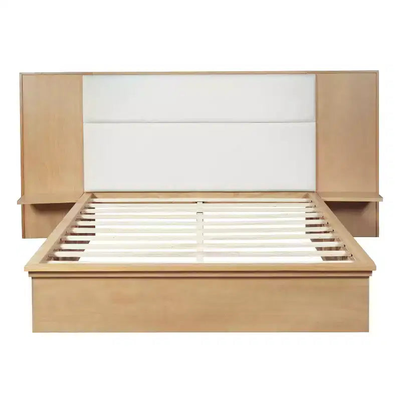 Letto a piattaforma in legno marrone/grigio chiaro e naturale/beige con testiera imbottita e ripiani laterali – Queen/King, 1 persona