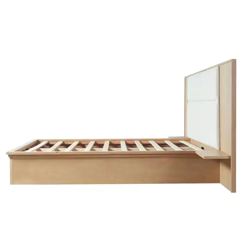 Letto a piattaforma in legno marrone/grigio chiaro e naturale/beige con testiera imbottita e ripiani laterali – Queen/King, 1 persona