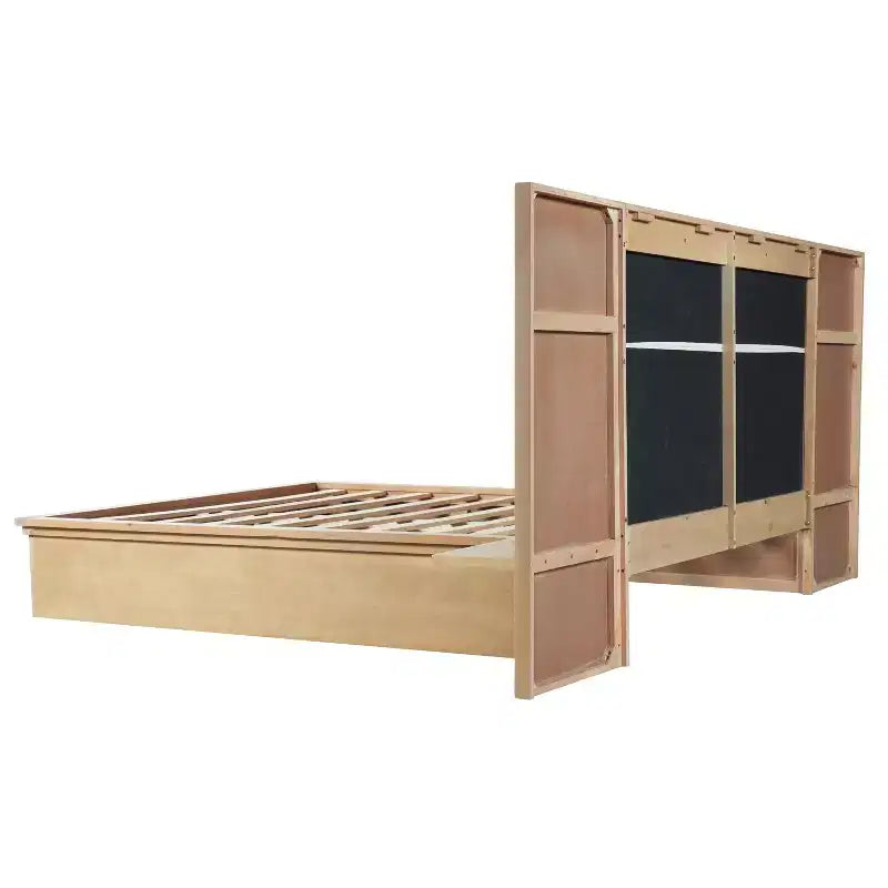 Letto a piattaforma in legno marrone/grigio chiaro e naturale/beige con testiera imbottita e ripiani laterali – Queen/King, 1 persona