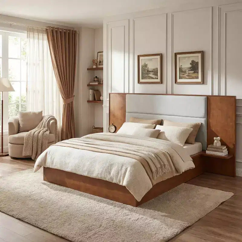 Letto a piattaforma in legno marrone/grigio chiaro e naturale/beige con testiera imbottita e ripiani laterali – Queen/King, 1 persona