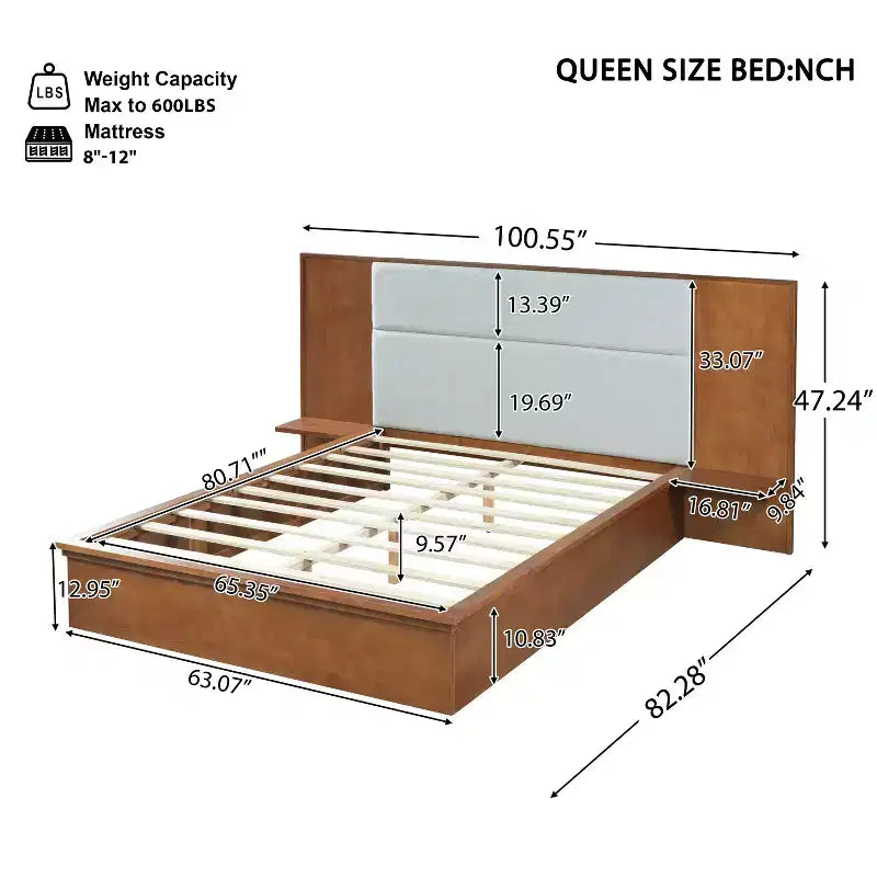 Letto a piattaforma in legno marrone/grigio chiaro e naturale/beige con testiera imbottita e ripiani laterali – Queen/King, 1 persona