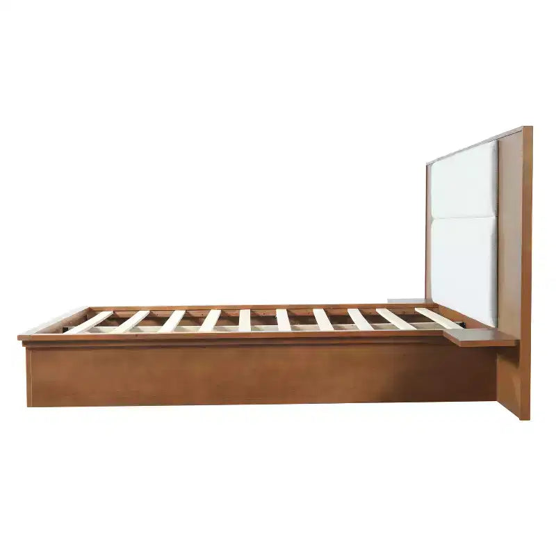 Letto a piattaforma in legno marrone/grigio chiaro e naturale/beige con testiera imbottita e ripiani laterali – Queen/King, 1 persona