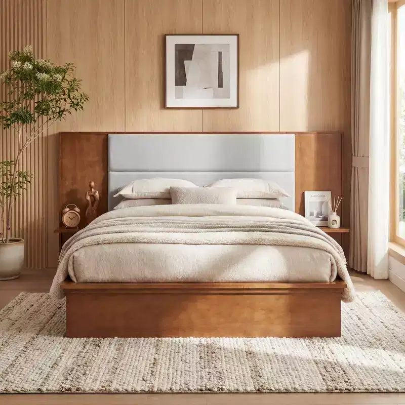 Christopher Knight Home Parker Modern Wood Platform Bed Frame with Upholstered Headboard and Side Storage Shelves