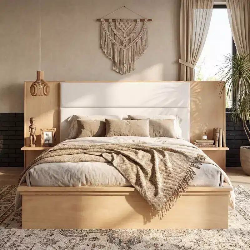 Letto a piattaforma in legno marrone/grigio chiaro e naturale/beige con testiera imbottita e ripiani laterali – Queen/King, 1 persona