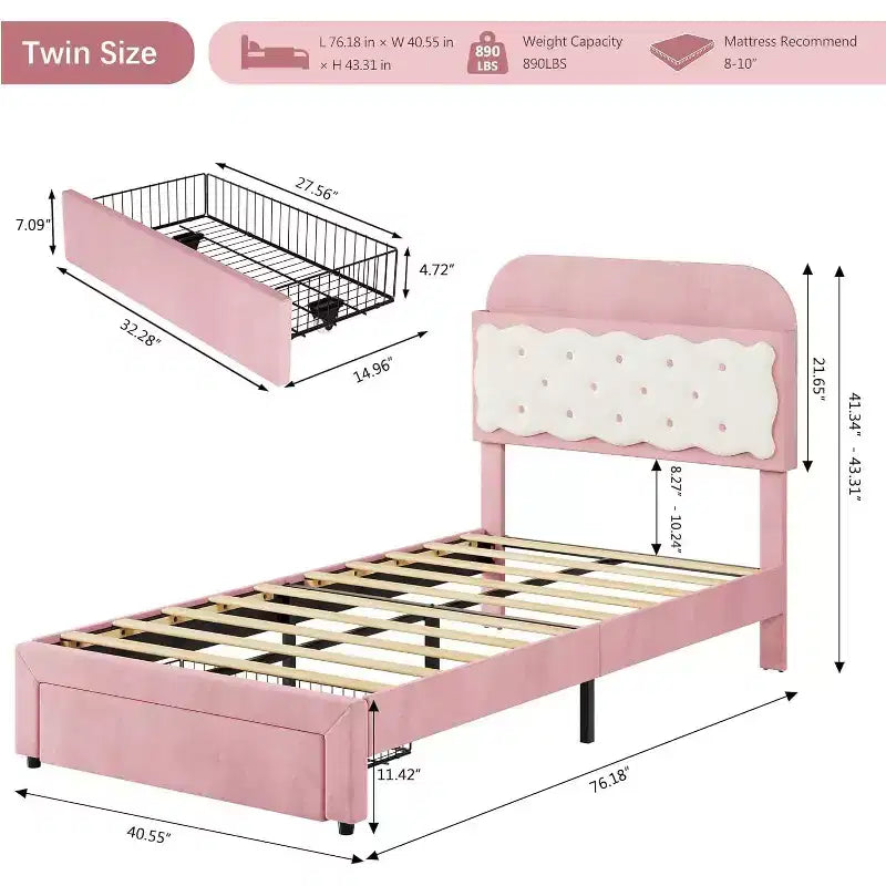 Letto a piattaforma singolo in velluto rosa e bianco con contenitore