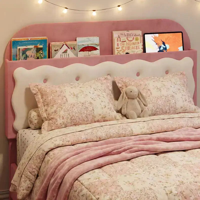 Letto a piattaforma singolo in velluto rosa e bianco con contenitore