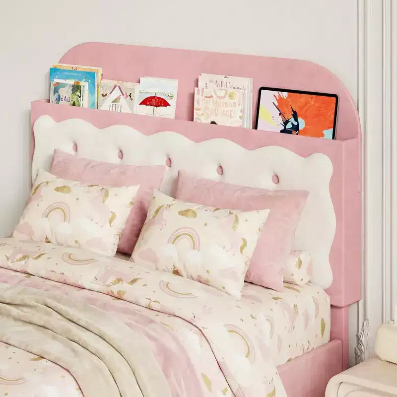 Letto a piattaforma singolo in velluto rosa e bianco con contenitore