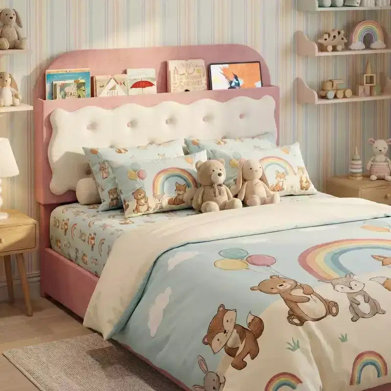 Letto a piattaforma singolo in velluto rosa e bianco con contenitore