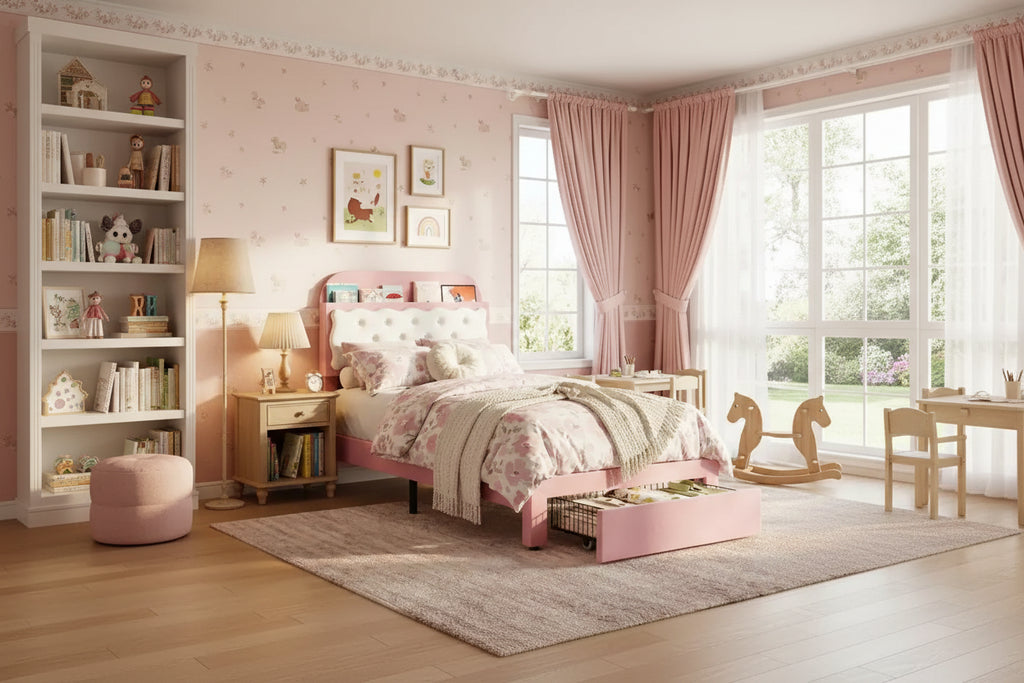 Letto a piattaforma singolo in velluto rosa e bianco con contenitore