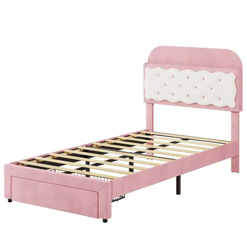 Letto a piattaforma singolo in velluto rosa e bianco con contenitore